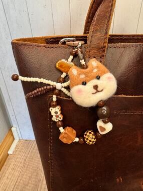 Felted Wool Beaded Bag Charm Cute Brown Dog Purse Charm Accessory Hearts